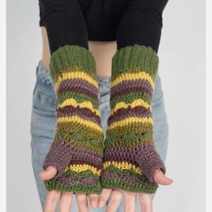 Olsenboye Womens Striped Boho Fingerless Knit Gloves Olive Purple Yellow OS NWT